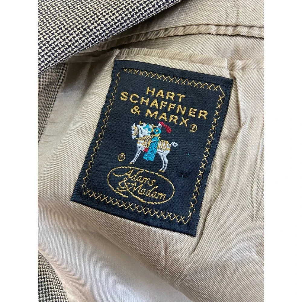 Hart Schaffner Marx Mens 48XL Brown Tan Houndstooth 2 Button Blazer Wool Vintage